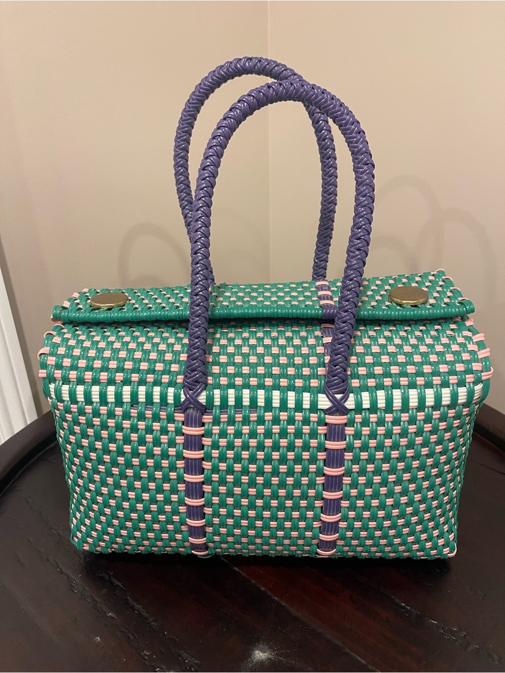 Woven Green and Pink Basket Tote with Purple Handles